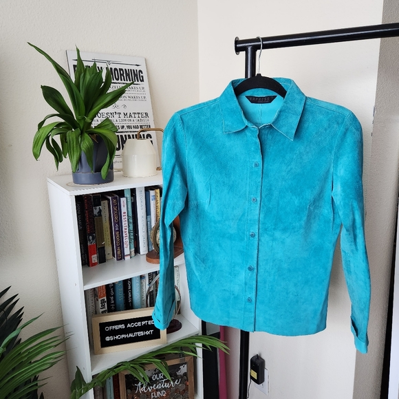 Vintage Express Teal Suede Button Up Shirt - Picture 1 of 5